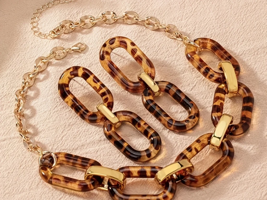Leopard resin link necklace and earrings set full product view