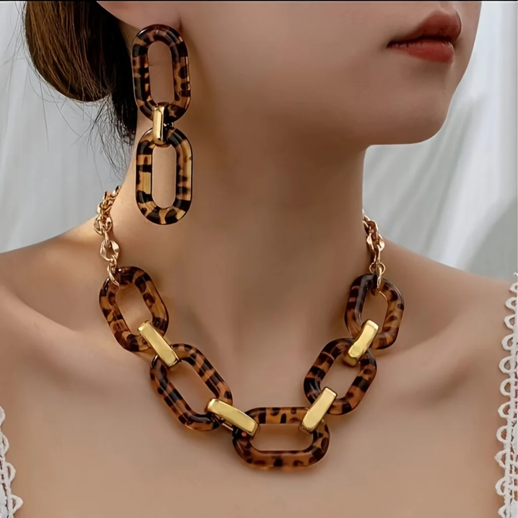 Leopard resin link necklace and earrings set worn on a model