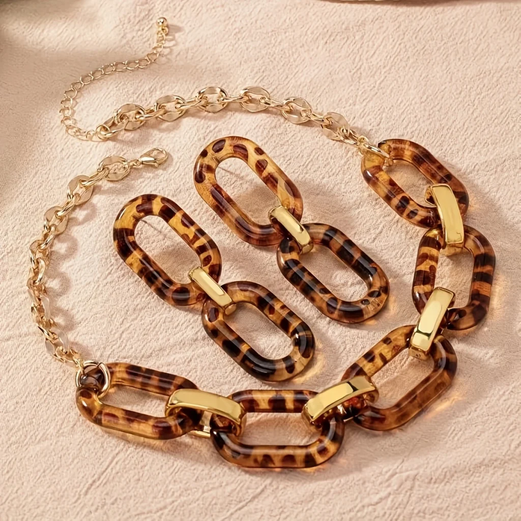 Leopard resin link necklace and earrings set product detail
