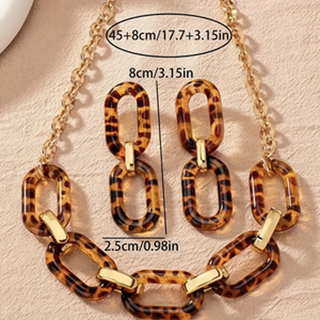 Leopard resin link necklace and earrings set size guide