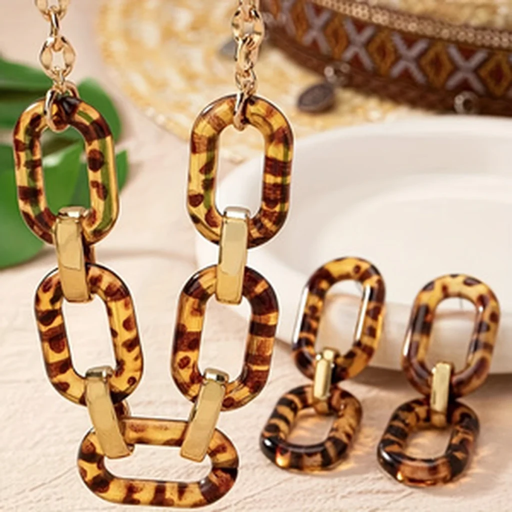 Close detail of the leopard resin links and matching earrings