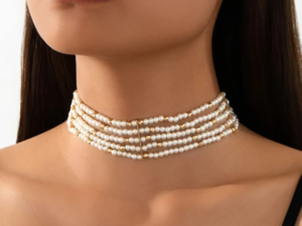 Pearl choker necklace worn on a model