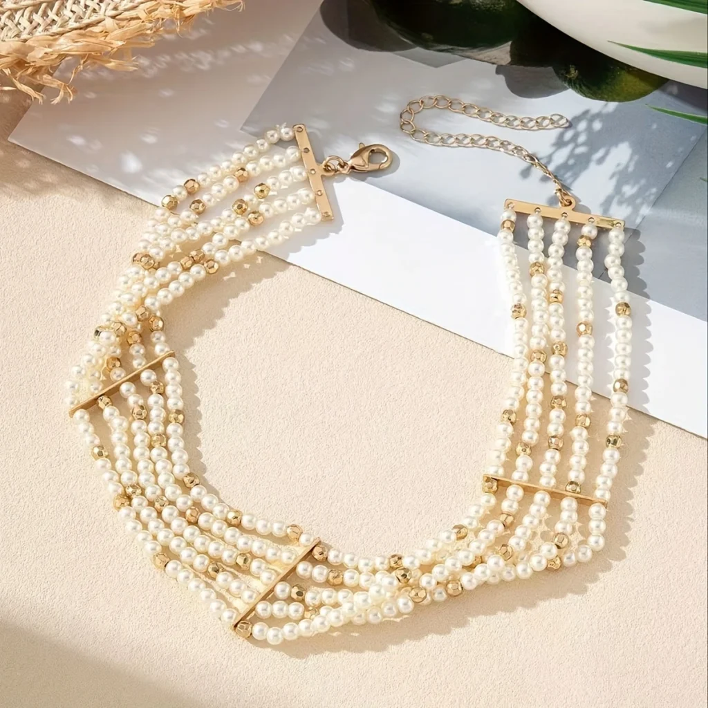 Faux pearl multi-strand choker necklace full product view