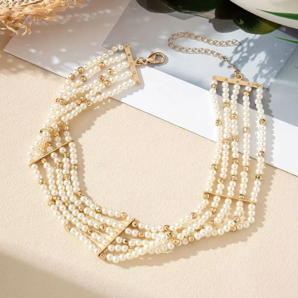 Layered pearl choker necklace front product view