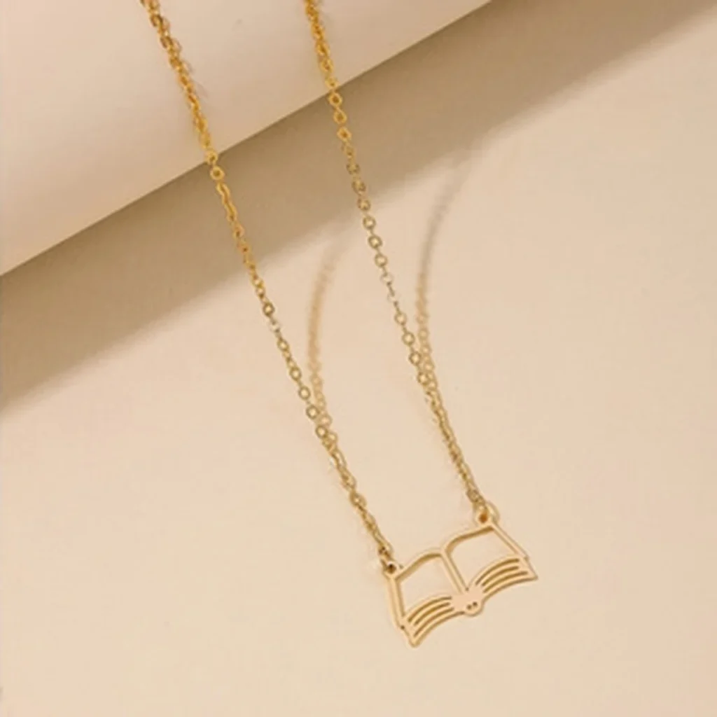 Open book pendant necklace gold-tone front display