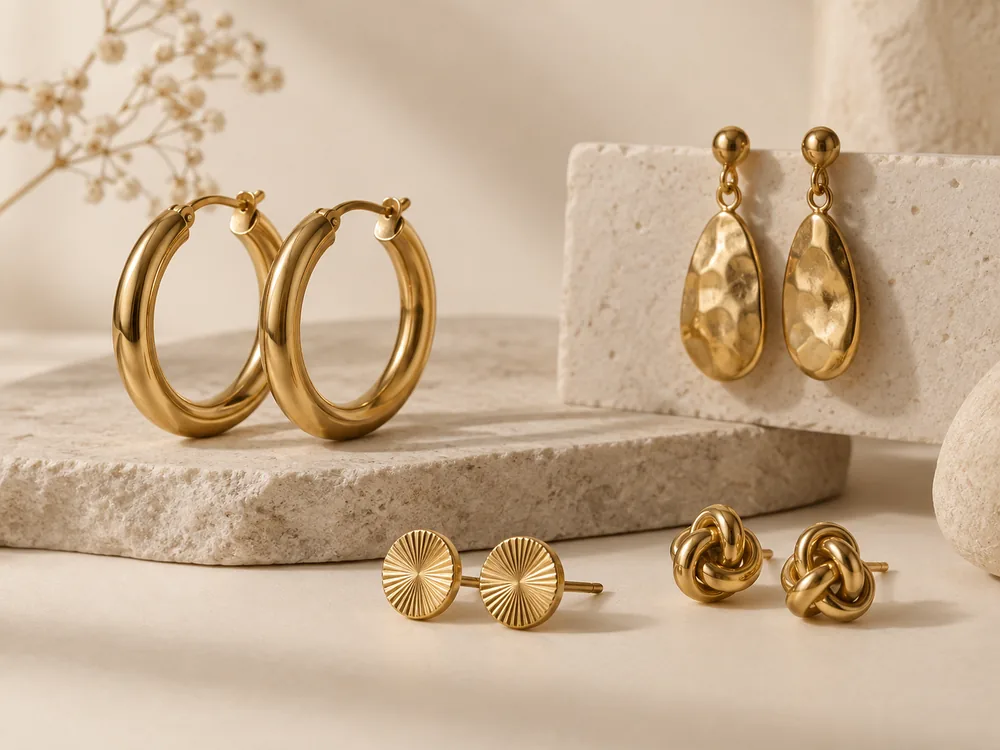 Custom brass earrings in hoop, drop, stud and knot styles