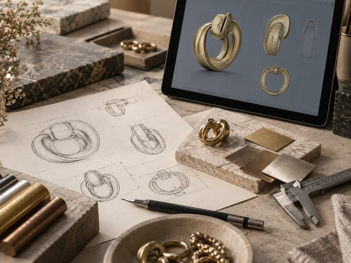 Jewelry design sketch, CAD development and brass material references