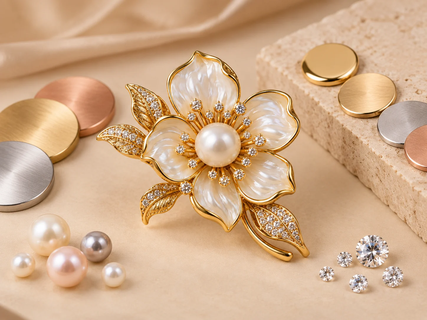 Custom brooch with finish, pearl and decorative component references