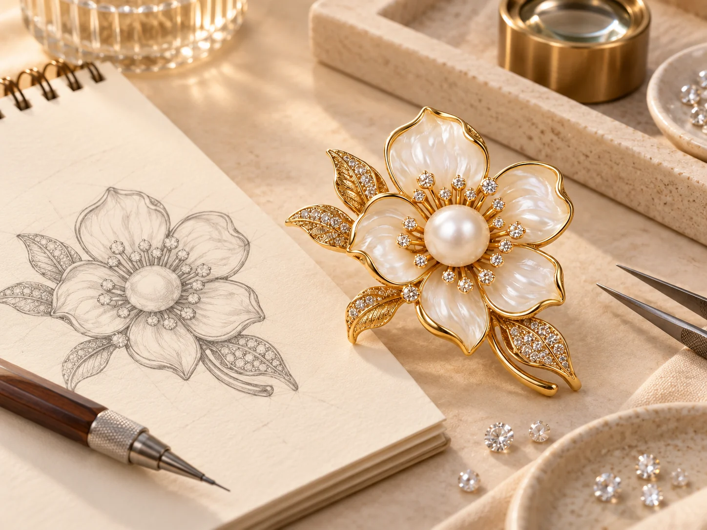 Custom brooch design sketch and finished sample for design development