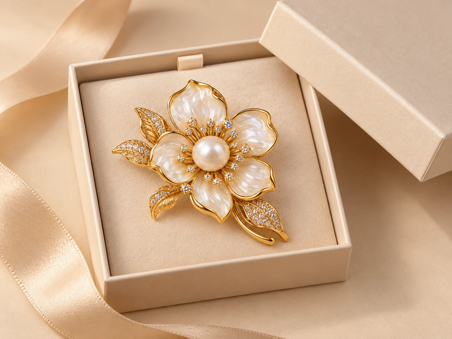 Custom floral brooch presented in a neutral jewelry gift box