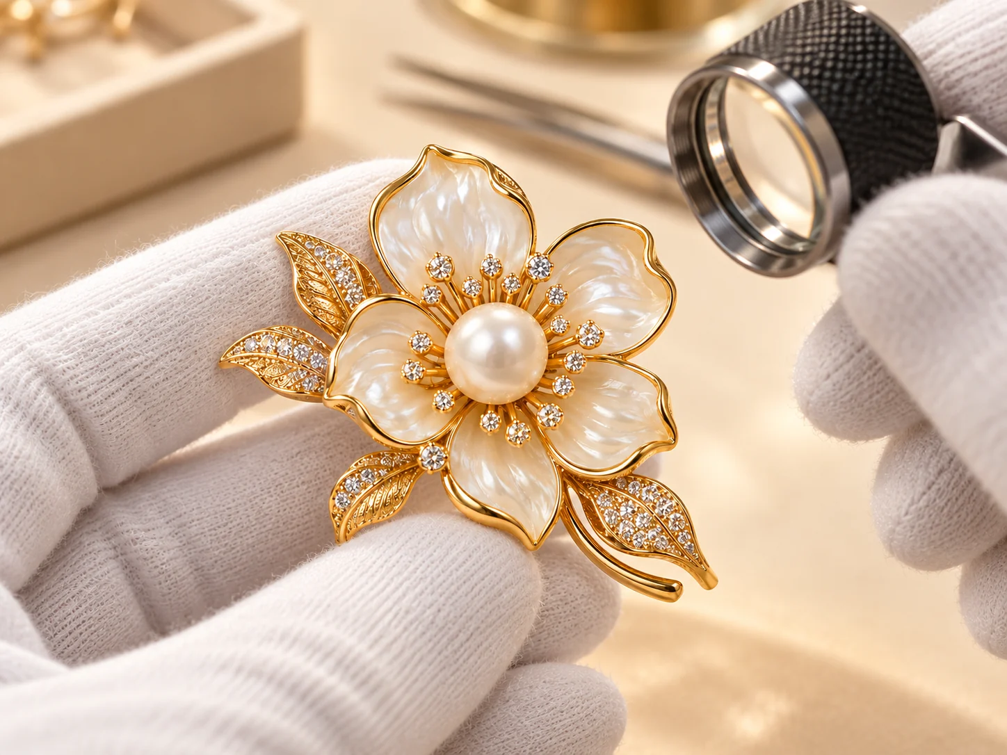 Illustrative inspection of a custom brooch surface and decorative details