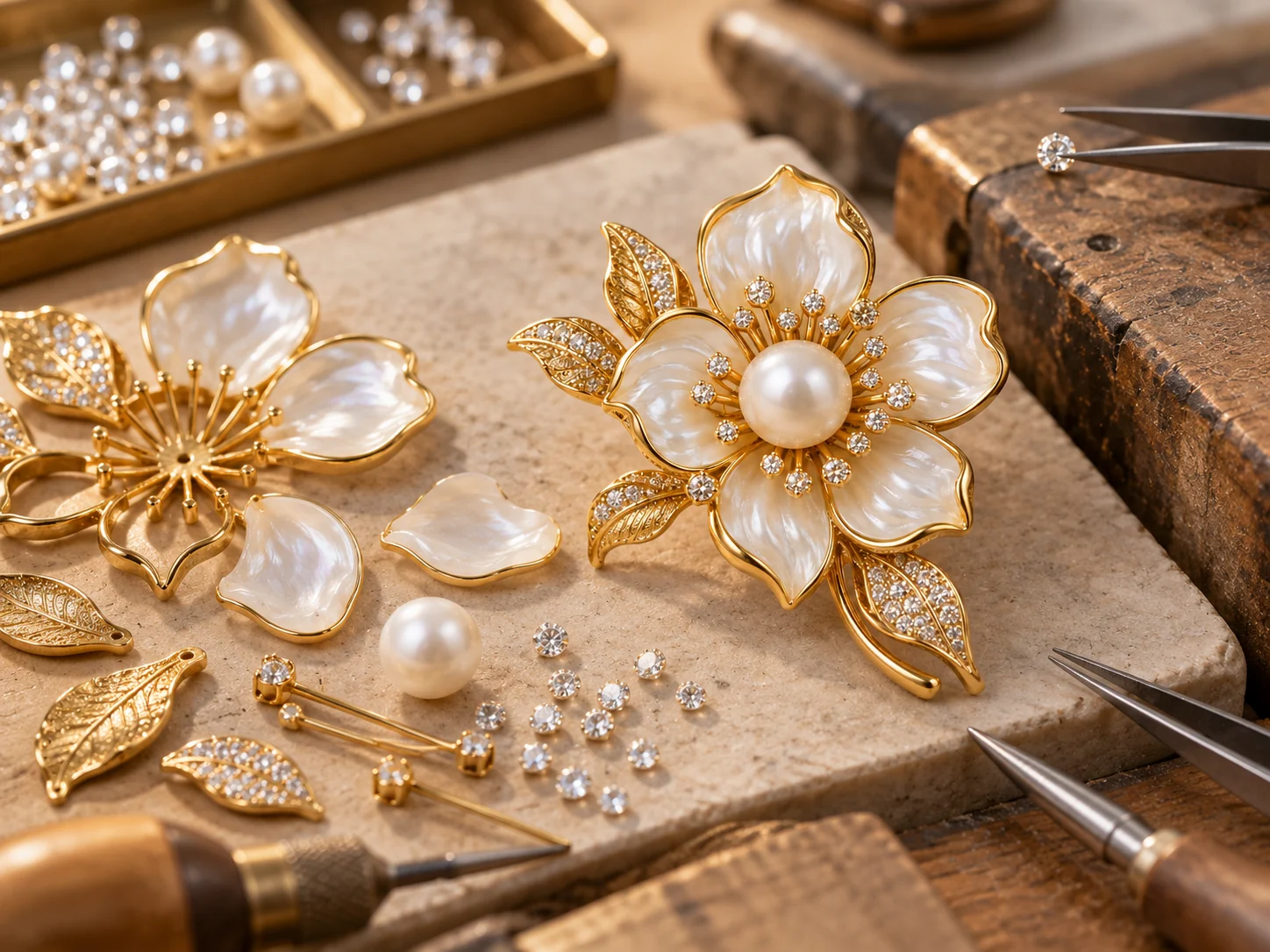 Illustrative custom brooch sample review with measurement tools and design reference