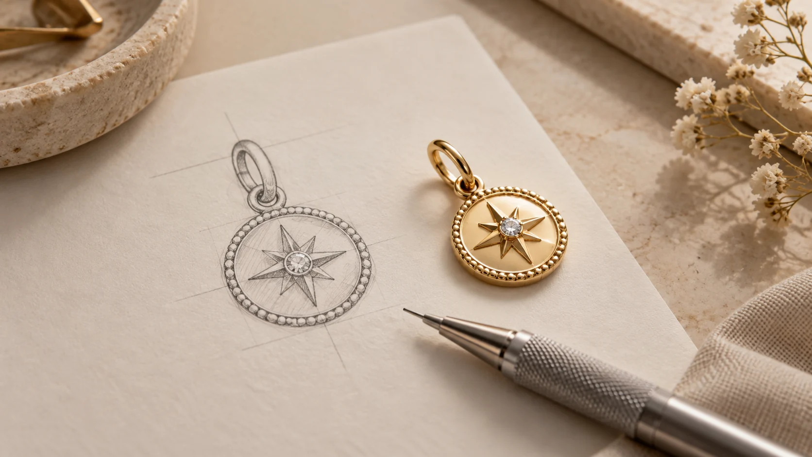 Charm design sketch beside a finished sample for development review
