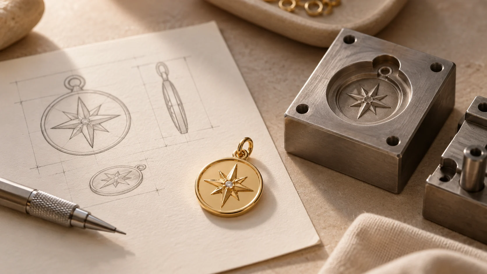 Custom charm development reference with drawing sample and tooling