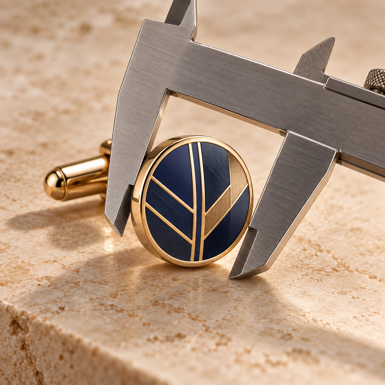Illustrative cufflink size check with calipers before branding approval