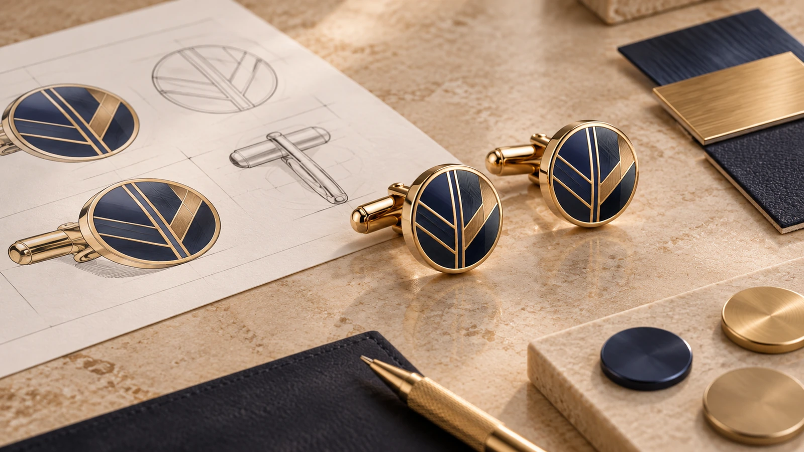 Custom cufflink pair reviewed beside design references