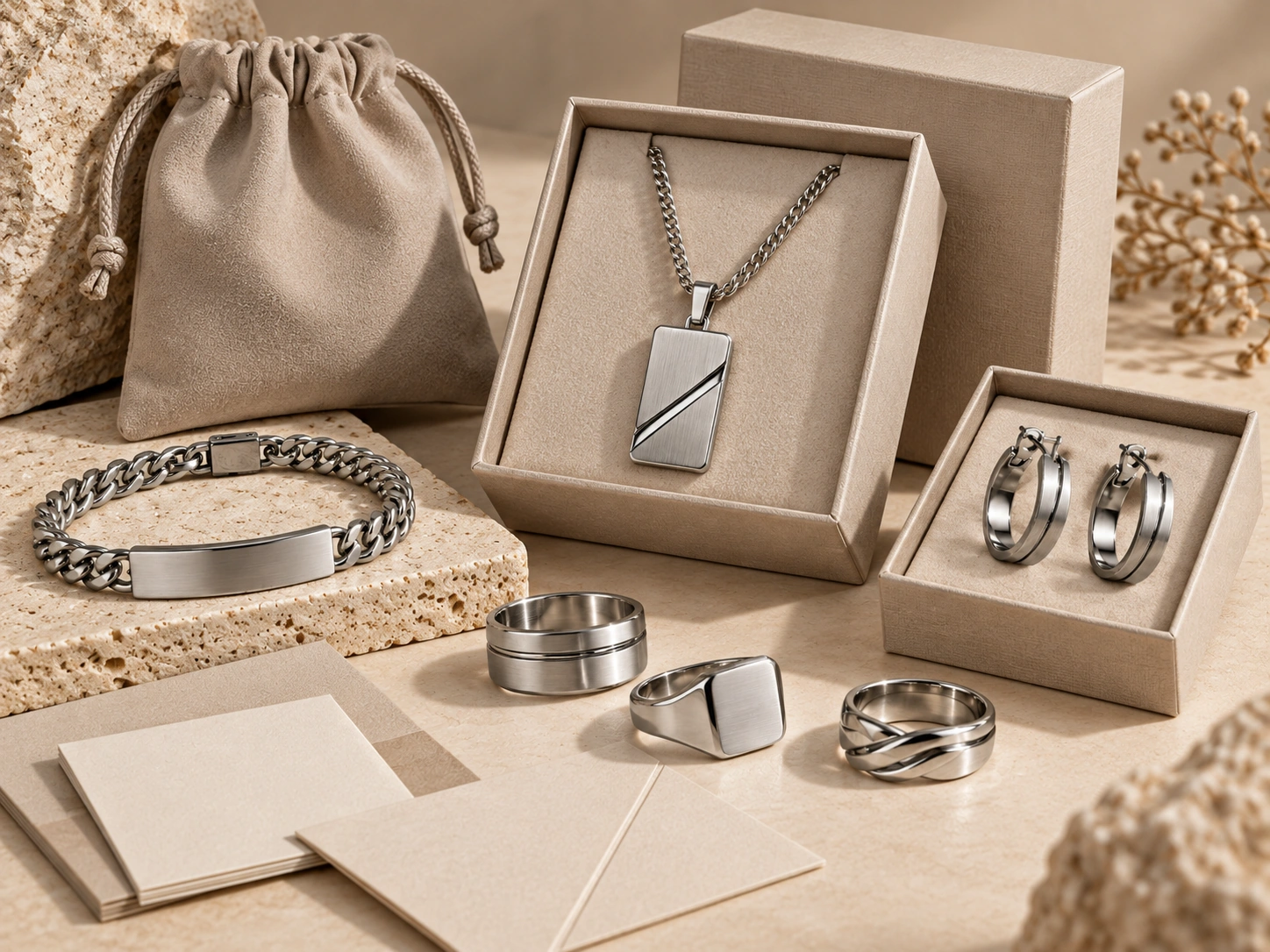 Neutral custom jewelry packaging with stainless steel jewelry
