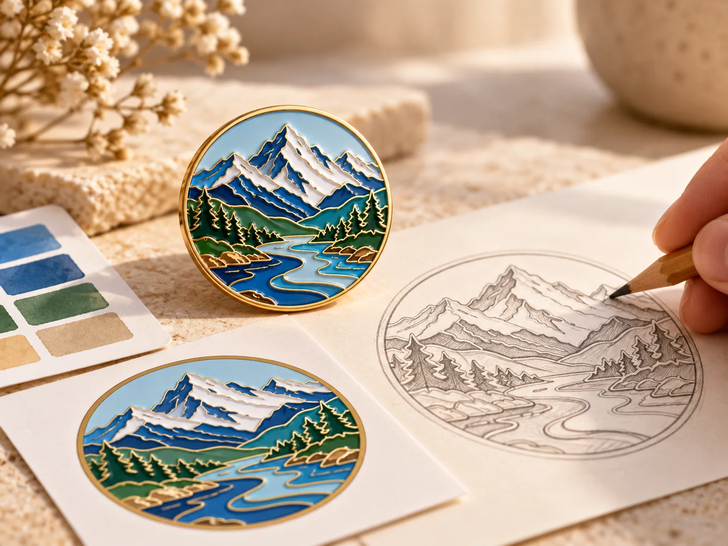 Custom lapel pin beside design sketch and color references