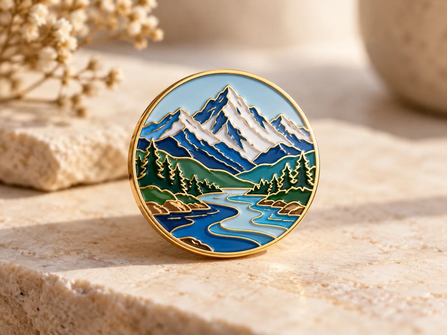Custom enamel lapel pin with mountain and river design on a warm neutral background