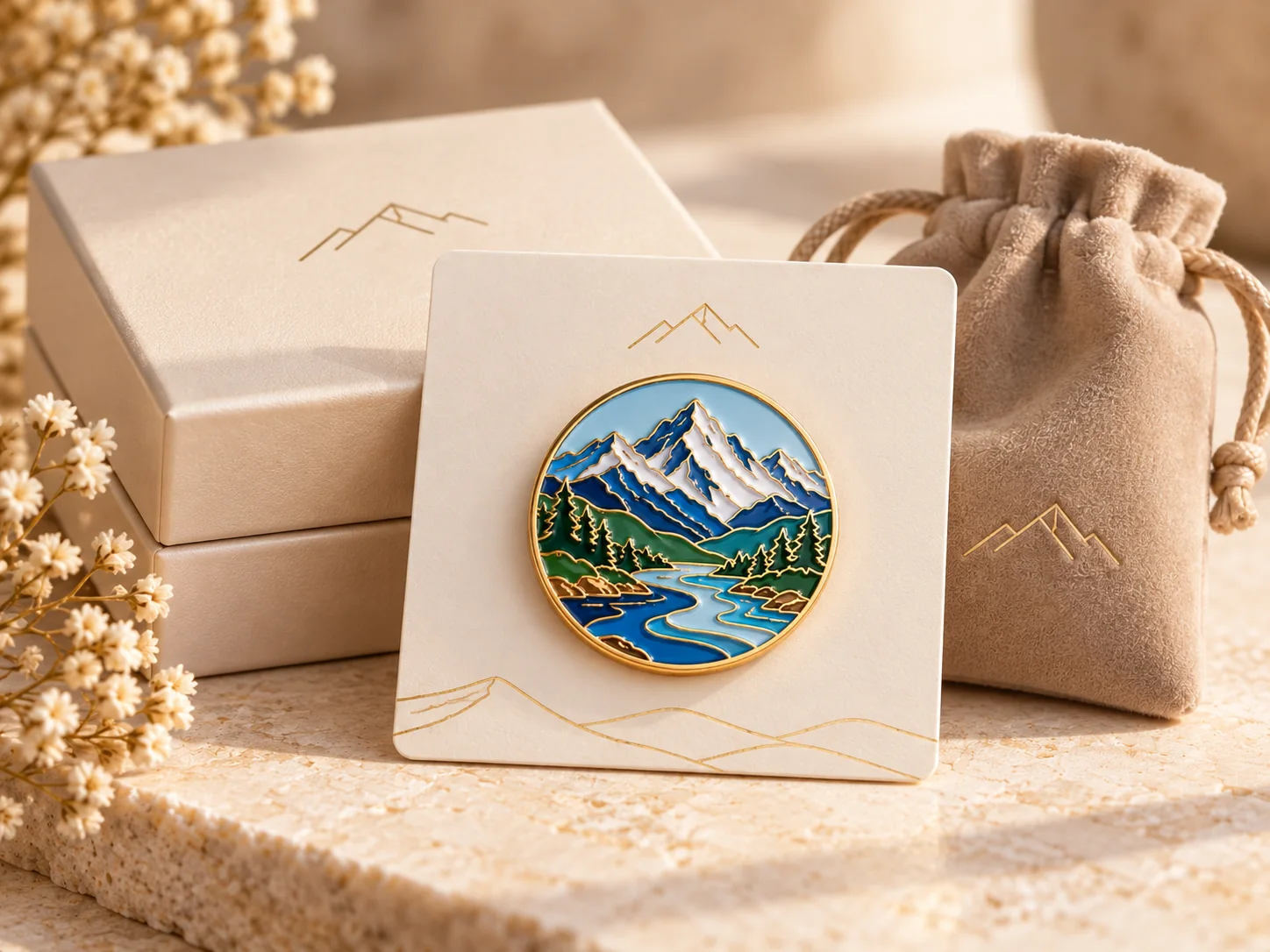Custom enamel lapel pin displayed on a backing card with box and pouch