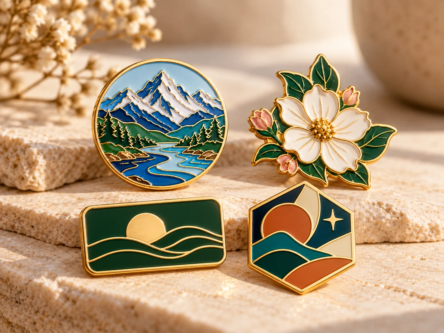 Assorted custom enamel lapel pins in different shapes and artwork styles