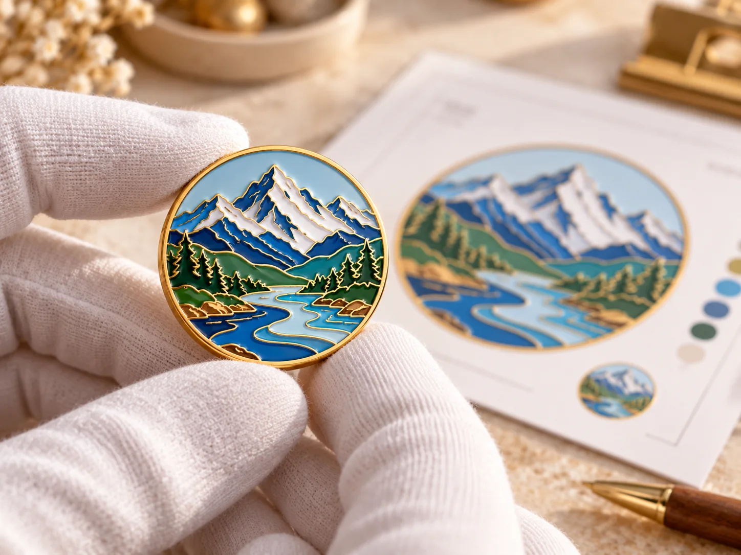 Illustrative lapel pin sample review with approved artwork reference