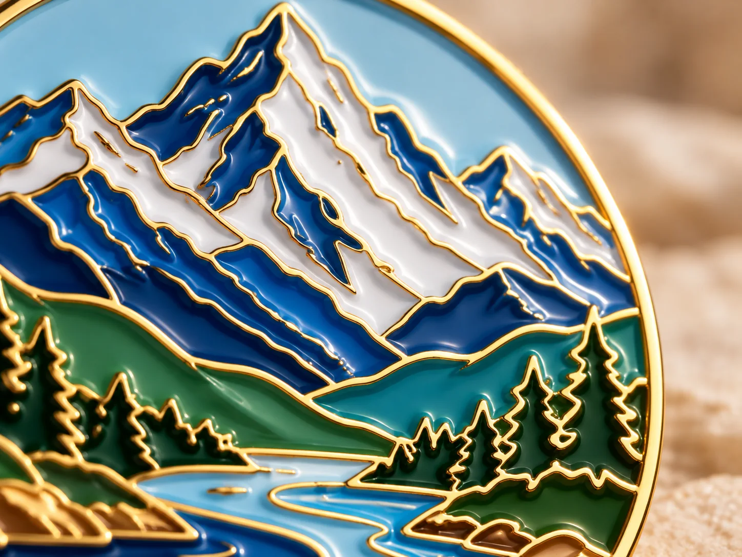 Macro detail of enamel fill and raised metal lines on a custom lapel pin
