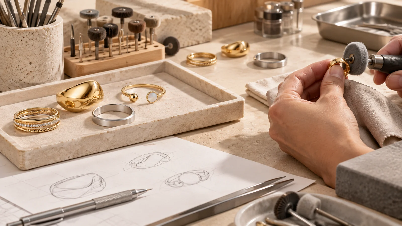 Illustration of jewelry sampling and finishing for a custom ring project