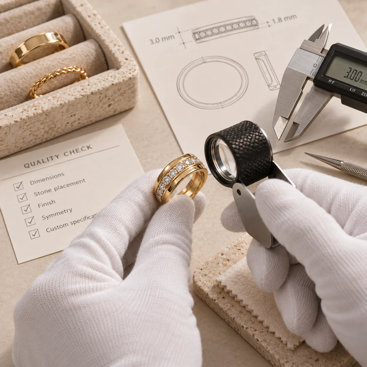 Illustration of quality inspection for custom ring production