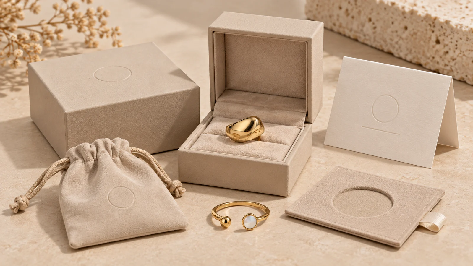Private-label ring packaging with box, pouch and branded card