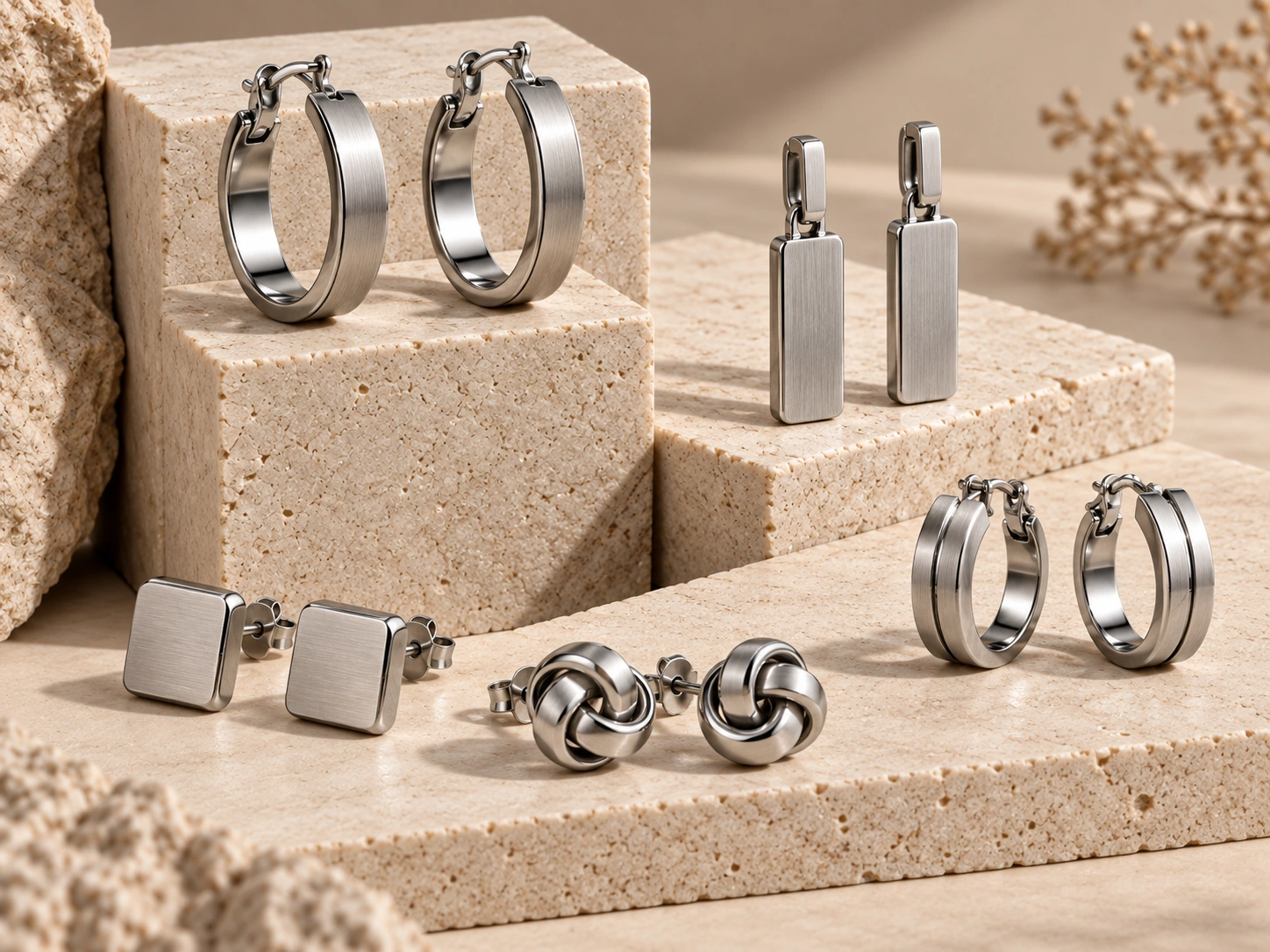 Custom stainless steel earrings in hoop, stud and drop styles