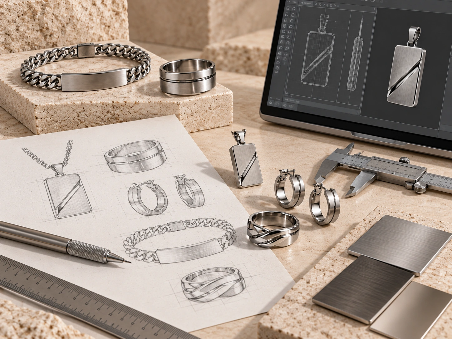 Jewelry design sketch, CAD development and stainless steel jewelry references
