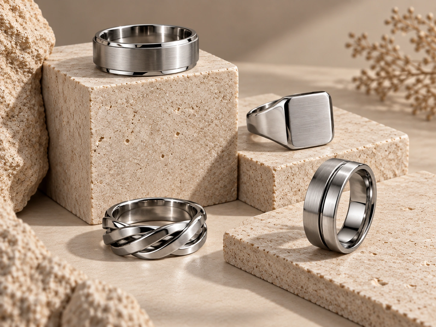 Custom stainless steel rings in multiple shapes and finishes