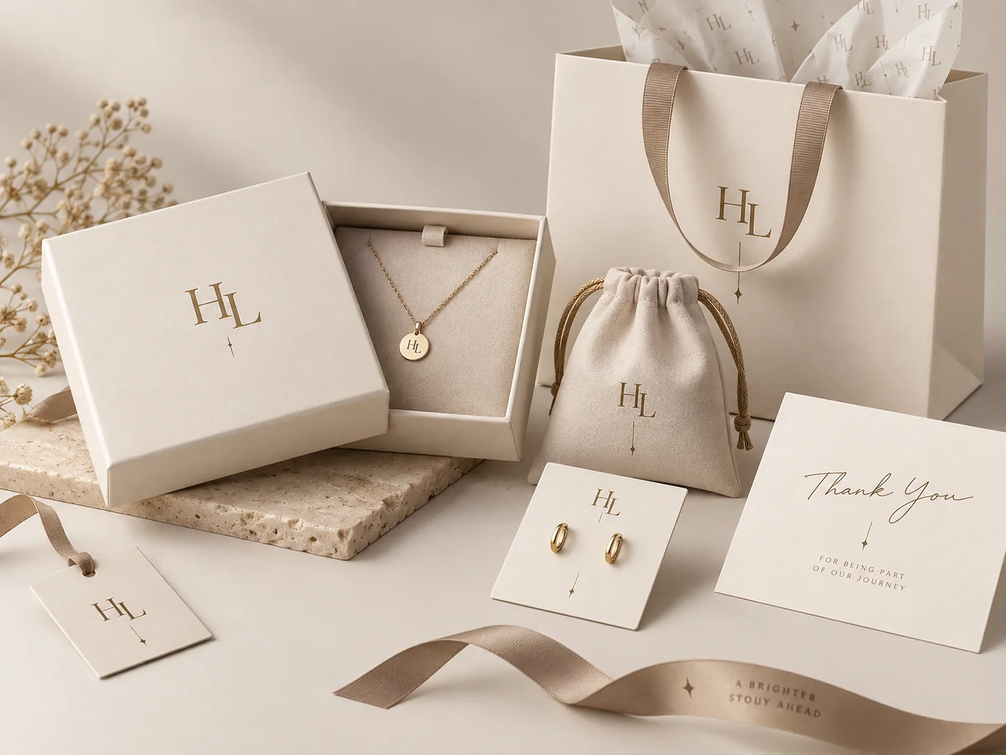 Custom jewelry packaging with jewelry boxes, pouch, cards and branded presentation materials