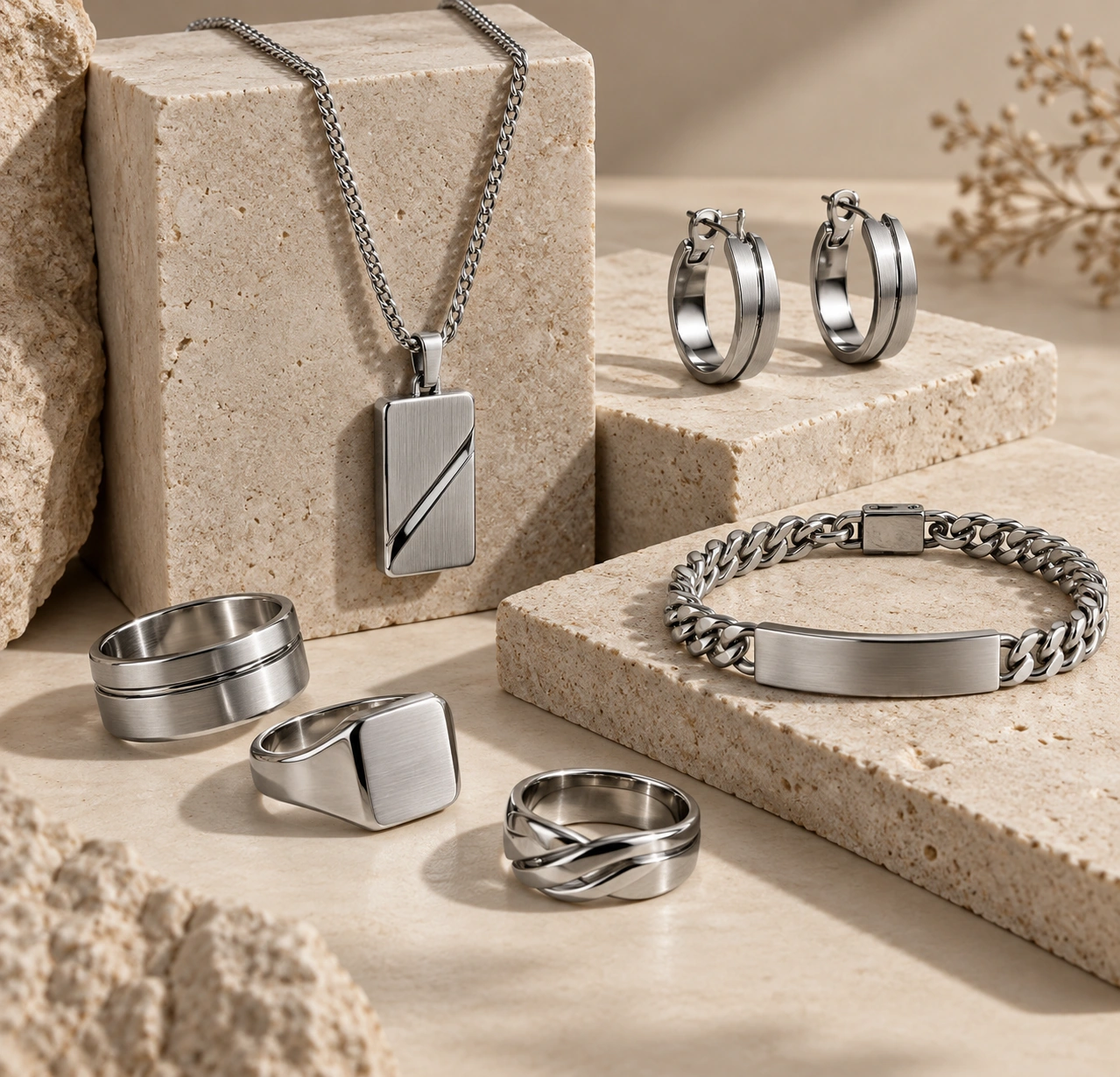 Custom stainless steel necklace, earrings, bracelets and rings displayed on warm neutral stone