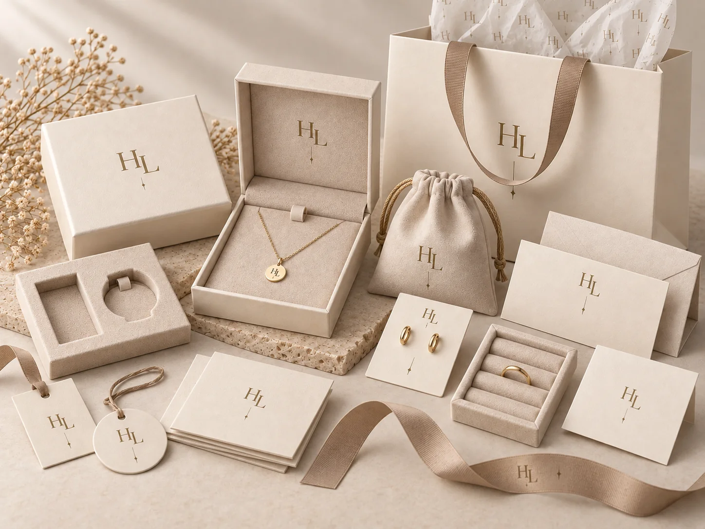 Branded jewelry packaging set with boxes pouch cards and sample jewelry