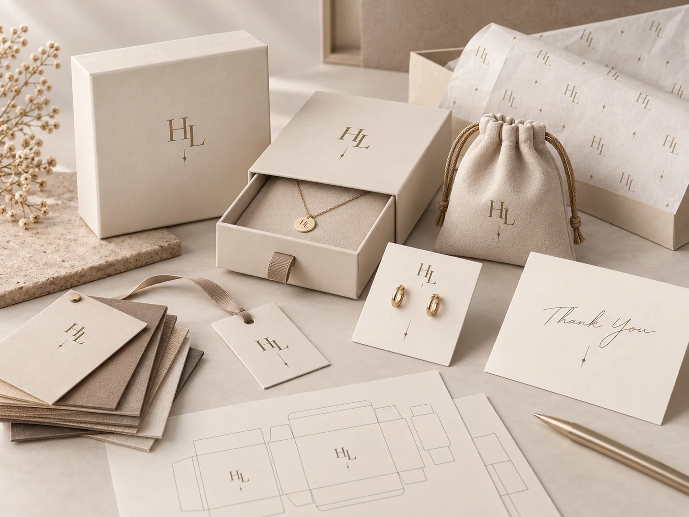 Jewelry packaging design and sampling with boxes, cards and packaging layout