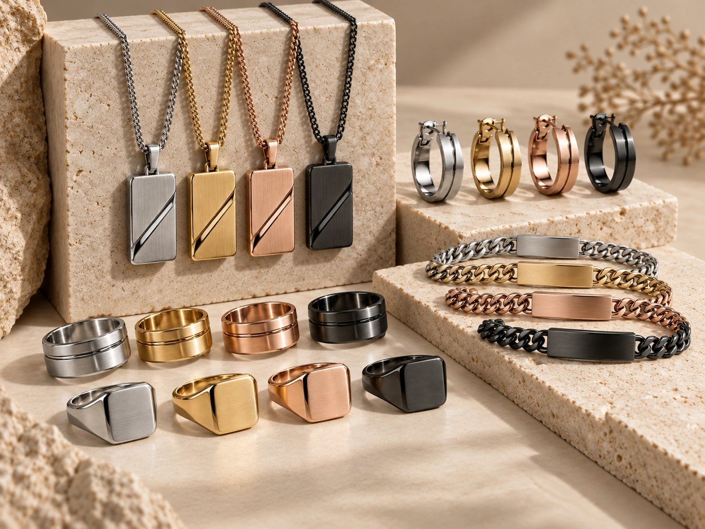 Stainless steel jewelry shown in silver, gold, rose-gold and black finish directions