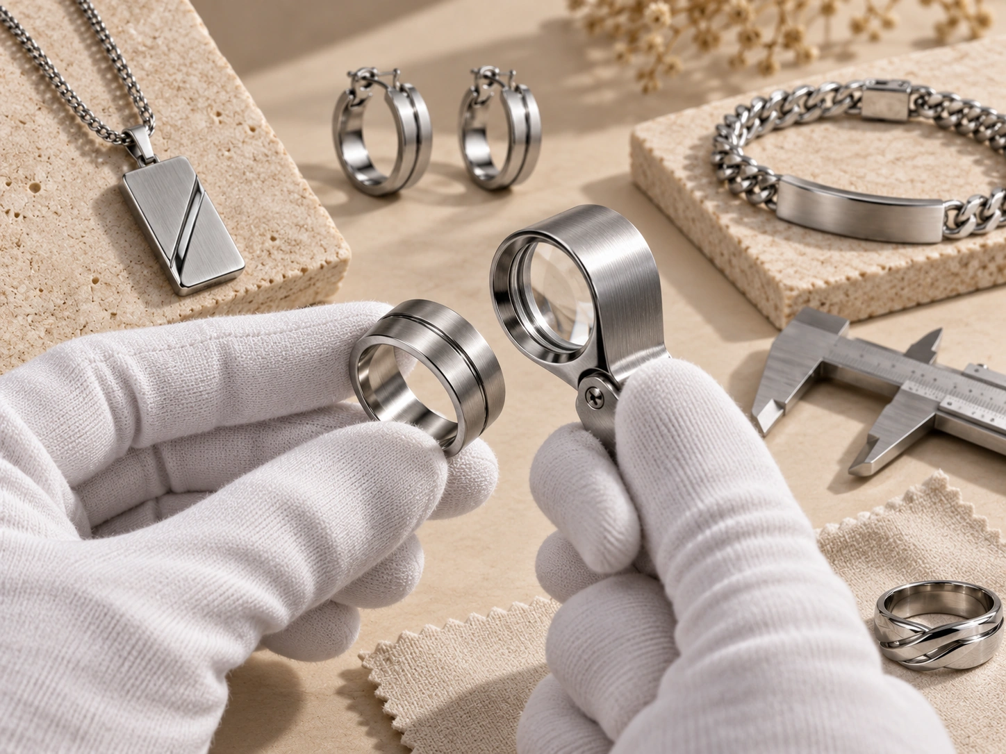 Illustrative close-up inspection of finished stainless steel jewelry