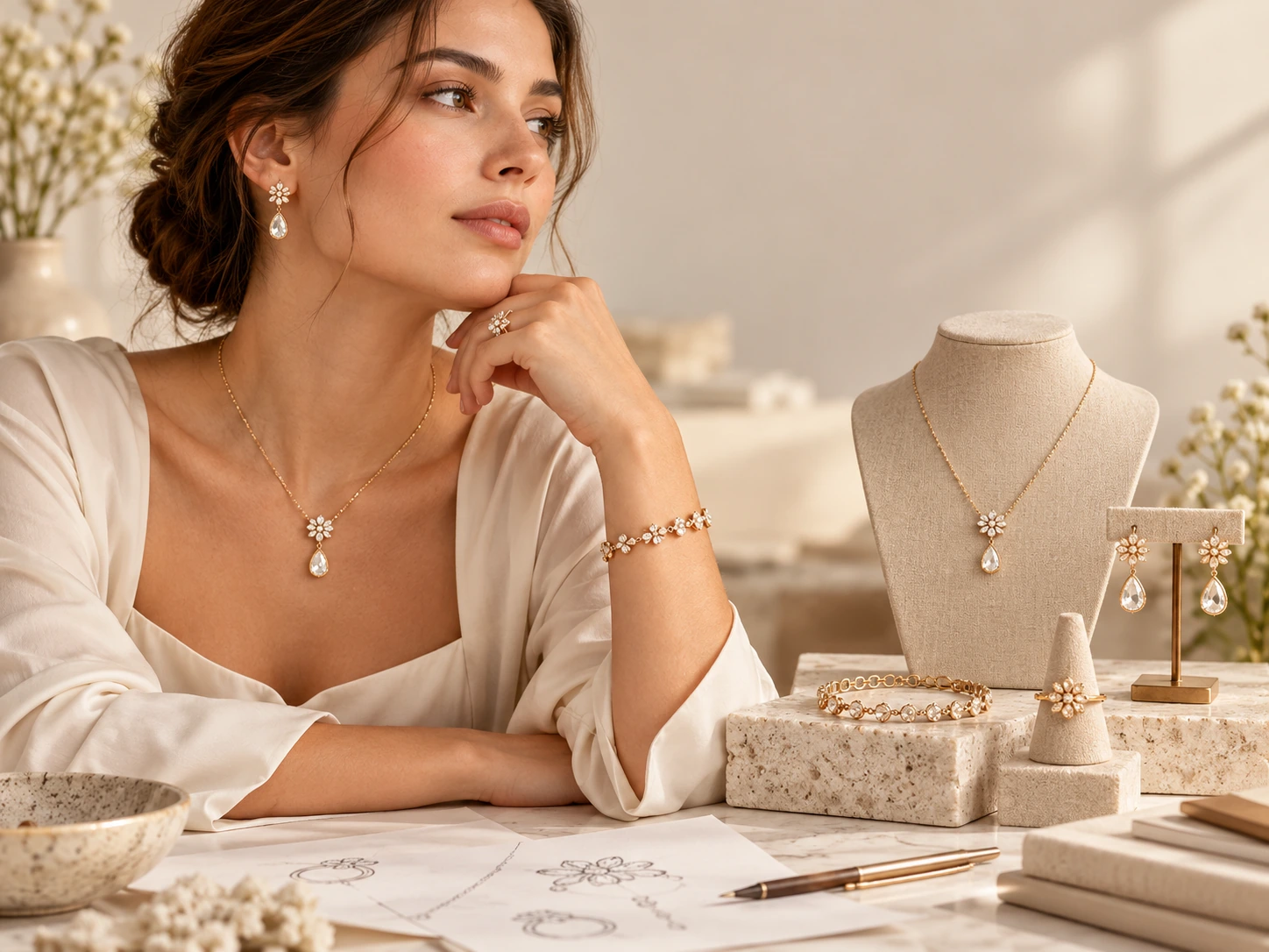 AI-generated concept visualization of a coordinated women's jewelry collection for brands