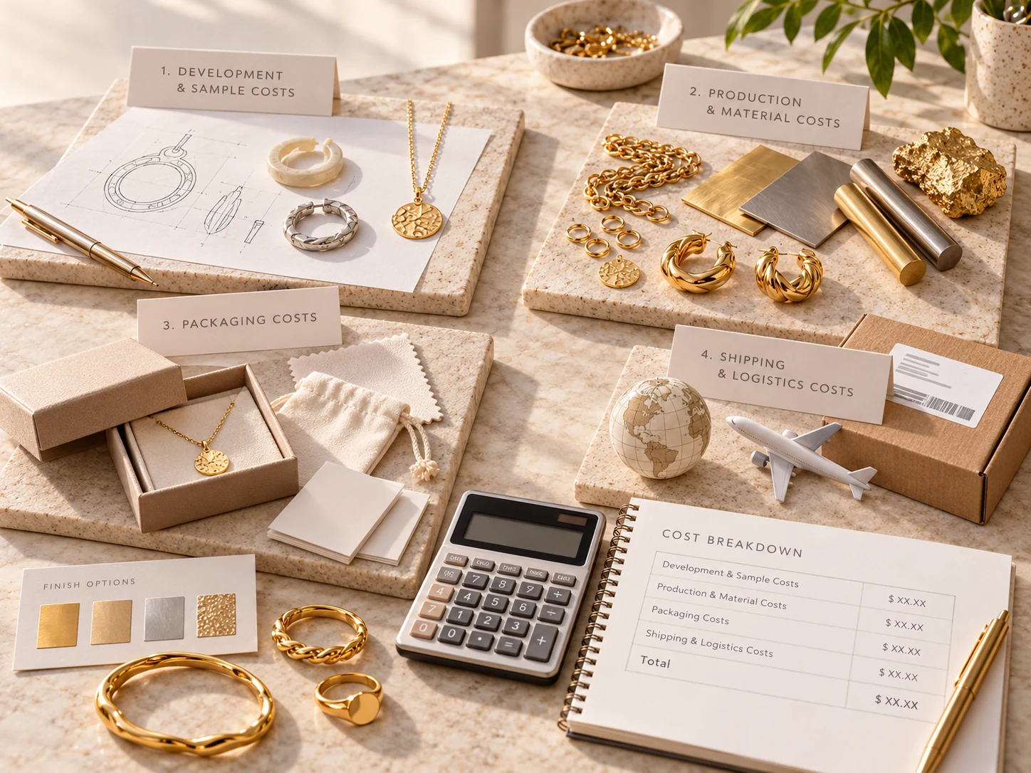 Illustration of jewelry manufacturing cost categories including samples, materials, packaging and shipping