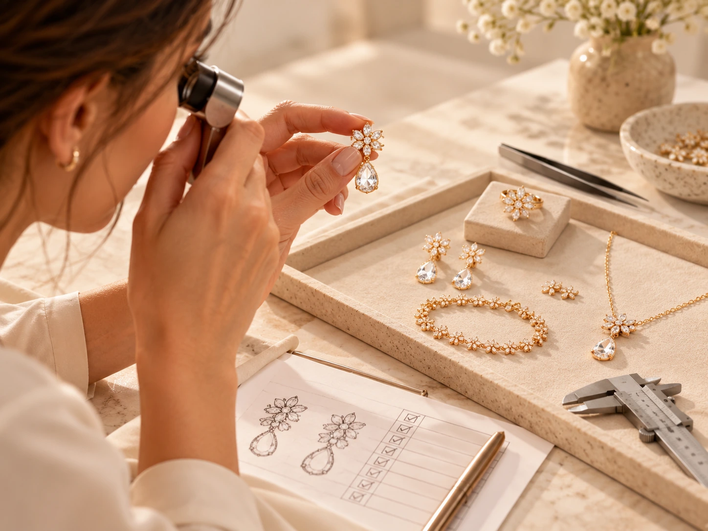 AI-generated design concept of examining a jewelry earring sample with a jeweler loupe