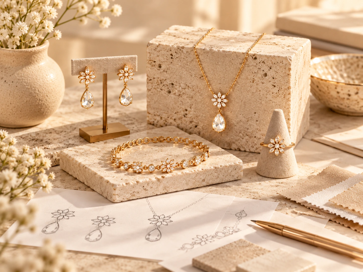 AI-generated coordinated women's jewelry design concept with earrings, necklace, bracelet and ring
