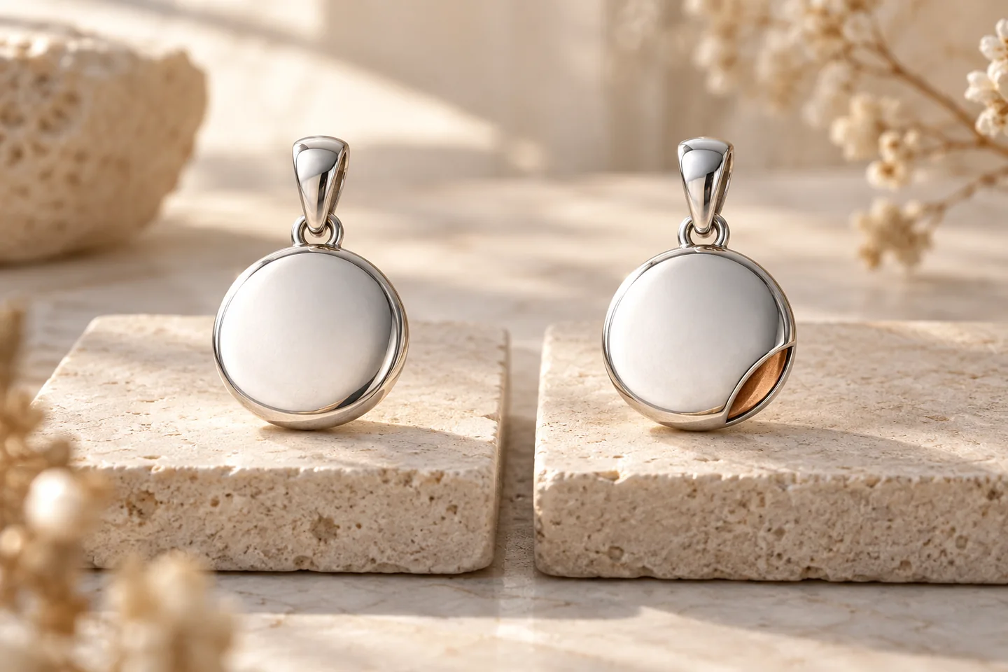Two silver-toned pendants, one with a conceptual metal core cutaway for comparing base materials