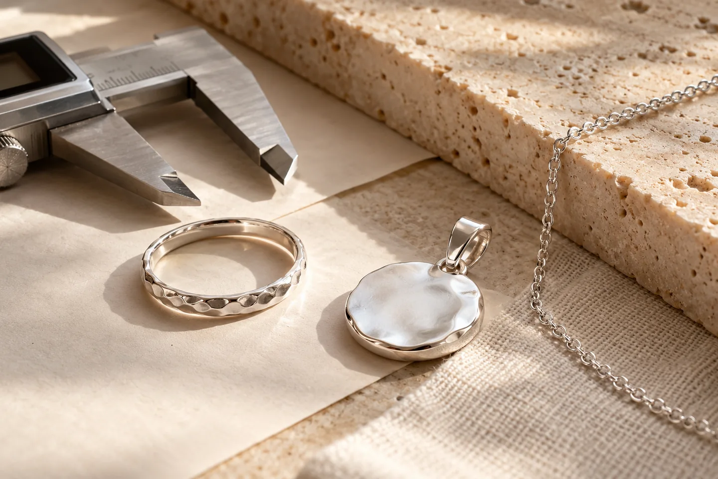 Silver-toned ring and pendant arranged beside calipers to illustrate size and weight review