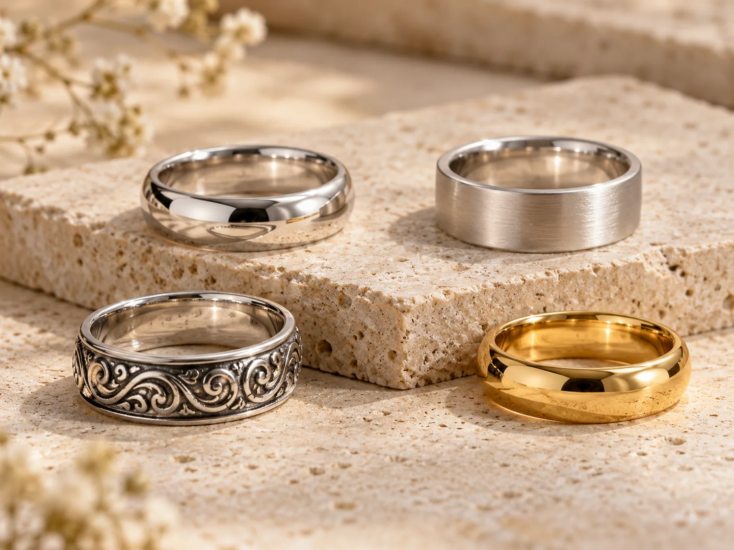Four silver-toned and gold-toned rings illustrating polished, brushed and oxidized style finishes