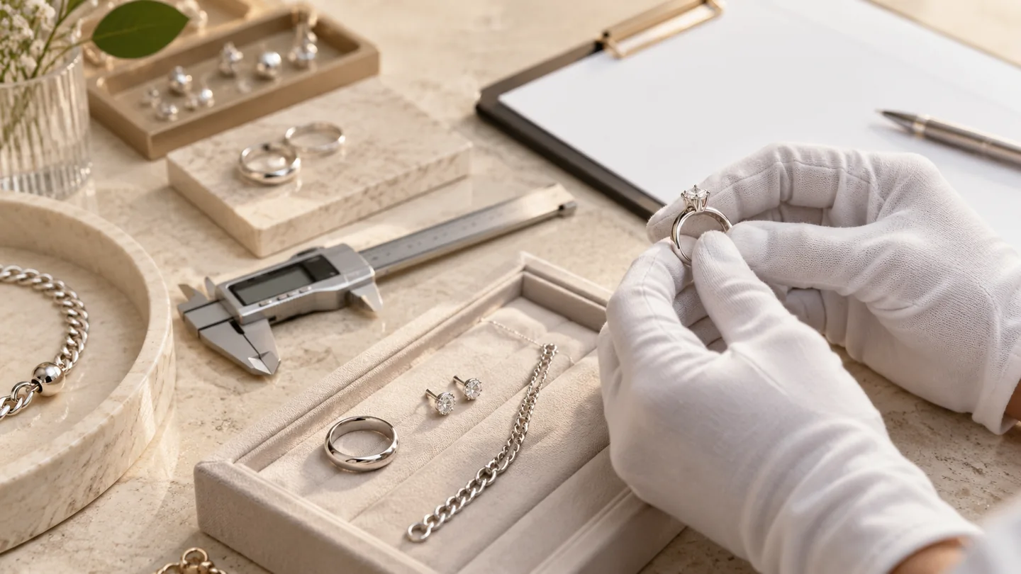 White-gloved hands visually reviewing a silver-toned ring beside calipers and sample components