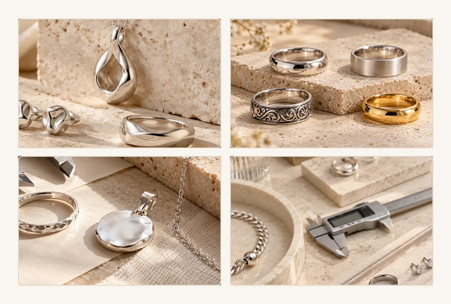 Sterling-silver-style necklaces, earrings, rings and bracelets shown as coordinated collection concepts
