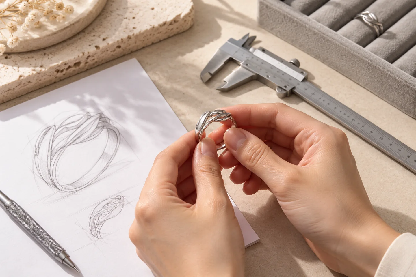 Hands reviewing a silver-toned ring against design sketches and a caliper