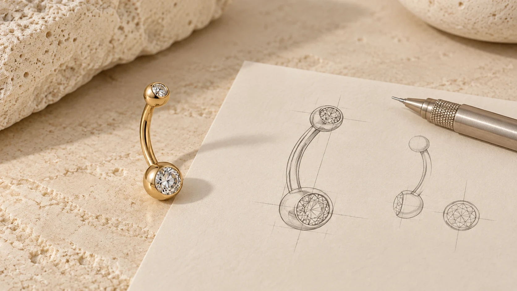 Curved body jewelry beside a design drawing